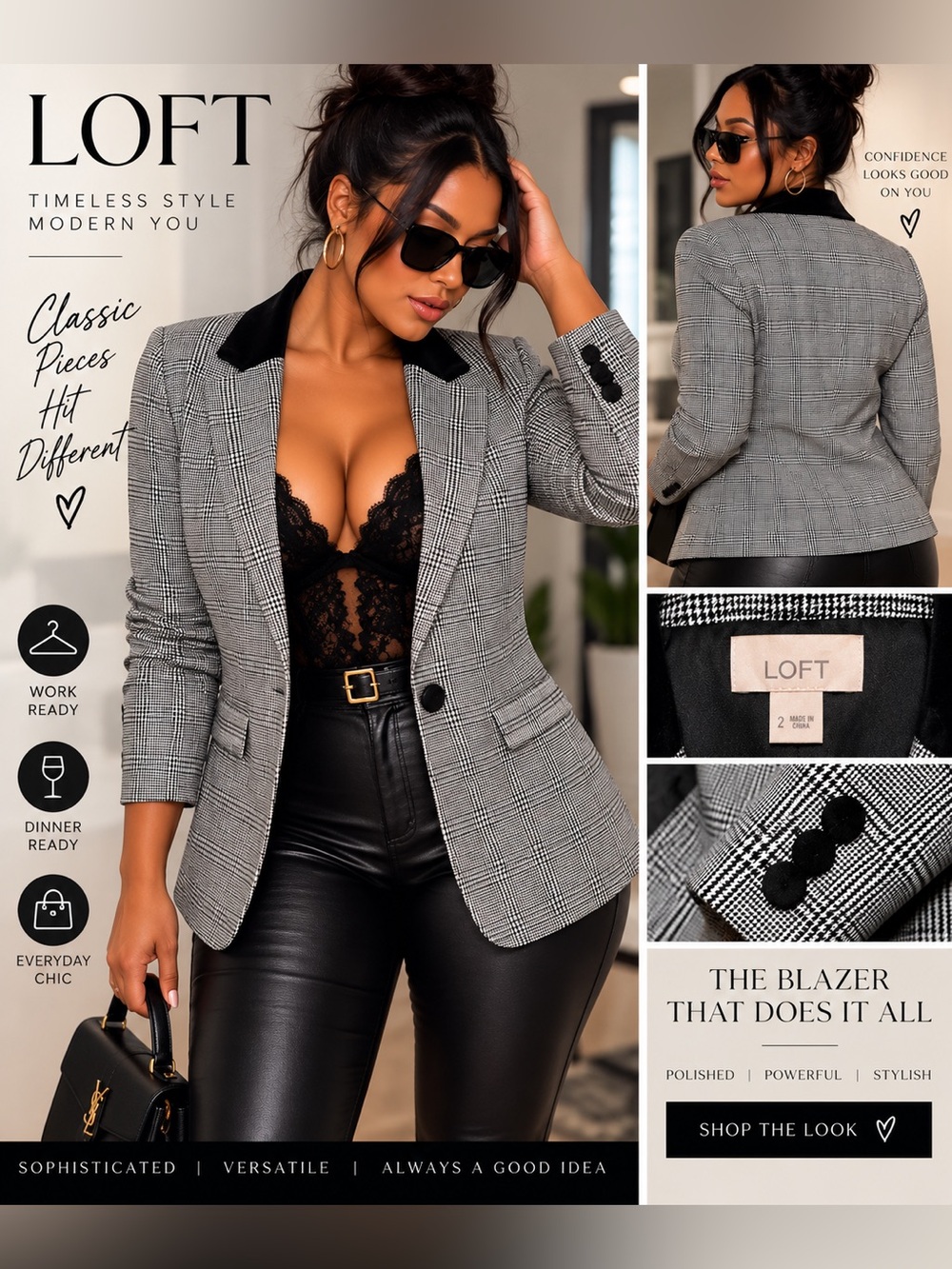 LOFT Black Velvet Collar Gray Plaid Blazer size 2